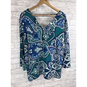 Chicos Travelers Top Womens Large 2 Green Blue Moroccan Paisley V‎ Neck V Back